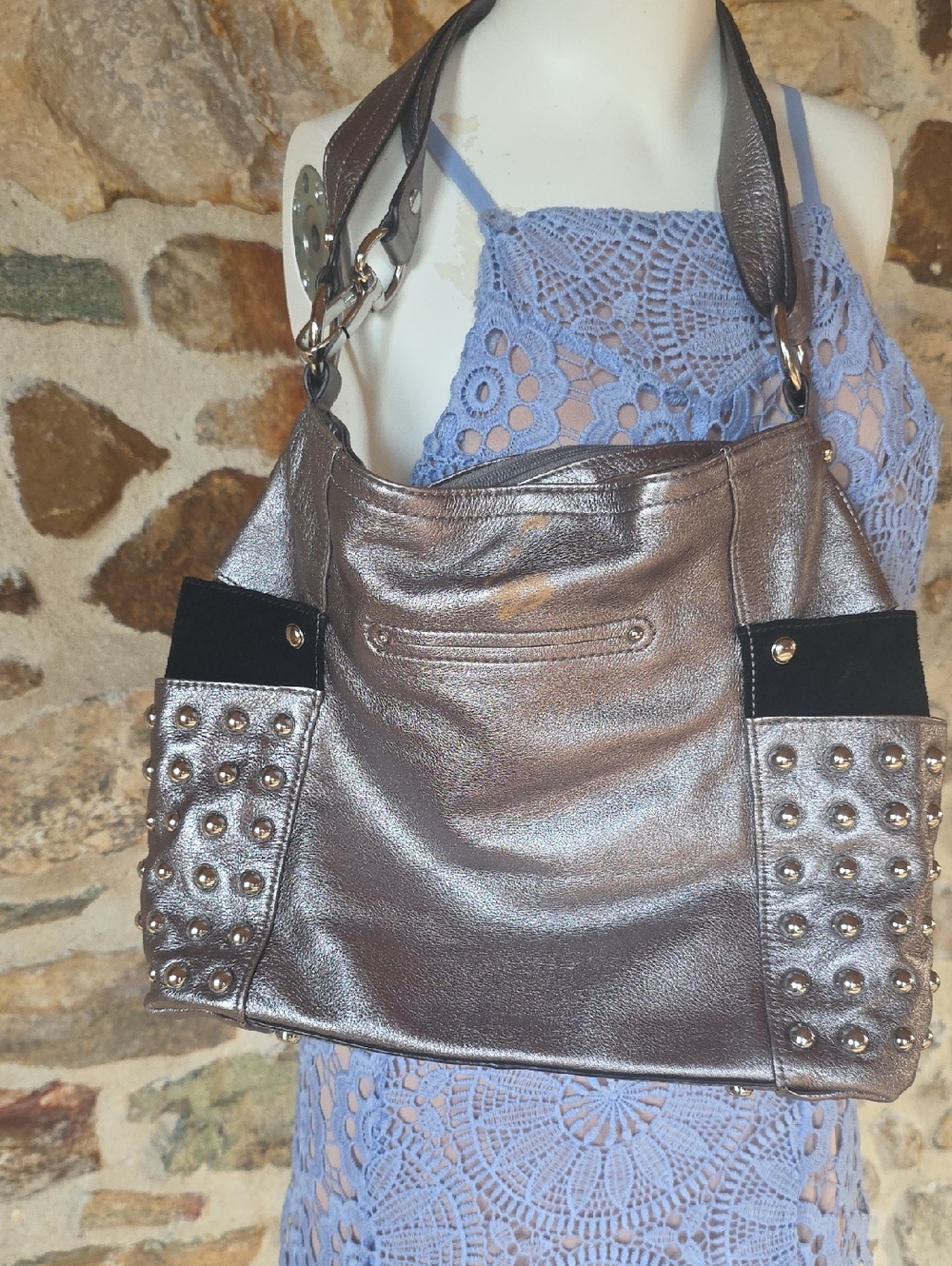 B. Makowsky Silver and Black Shoulder Bag with Edgy Studs